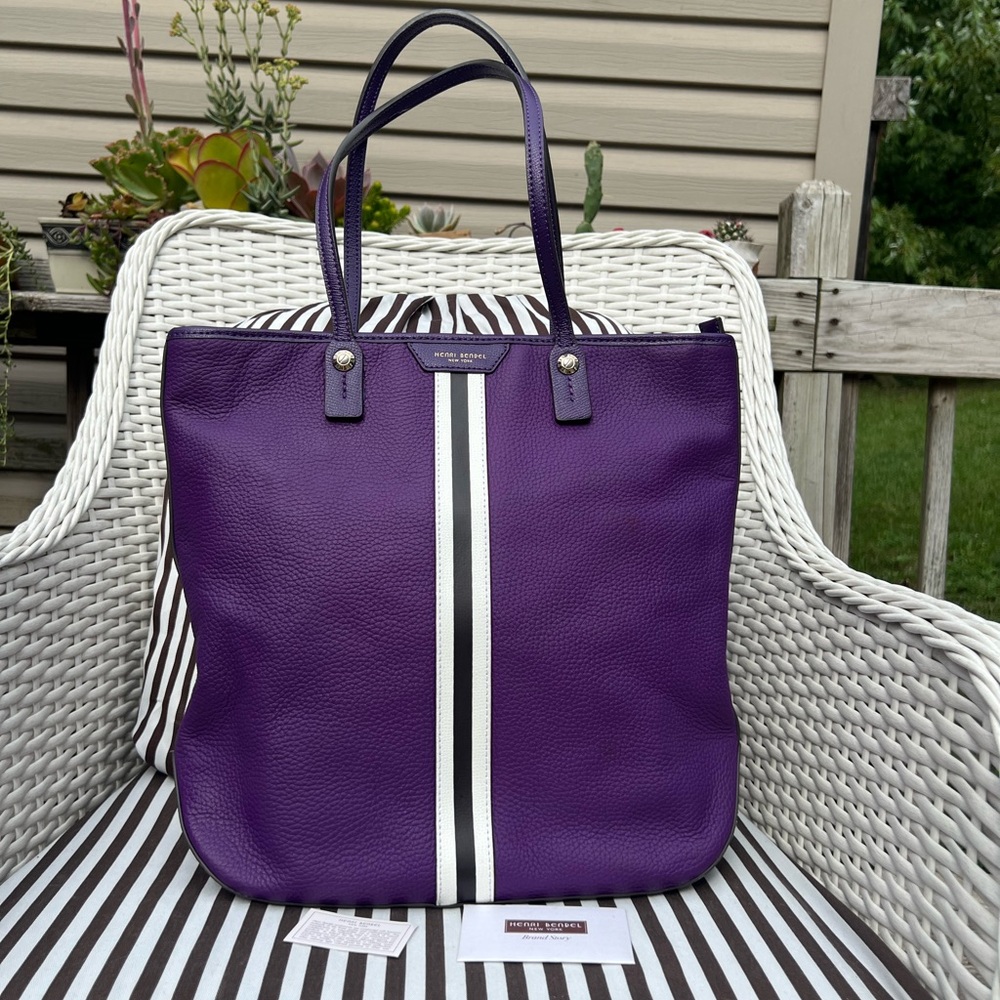 Henri Bendel Purple Tote with White and Brown Stripes